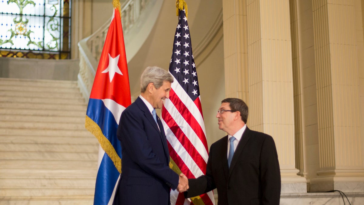  Secretary of State John Kerry shakes hands with Cuban Foreign Minister Bruno Rodriguez prior to their meeting at the Foreign Ministry in Havana, Cuba, Friday, Aug. 14, 2015. Kerry traveled to the Cuban capital to raise the U.S. flag and formally reopen the long-closed U.S. Embassy. Cuba and U.S. officially restored diplomatic relations July 20, as part of efforts to normalize ties between the former Cold War foes. (Pablo Martinez Monsivais/AP Photo, Pool) 