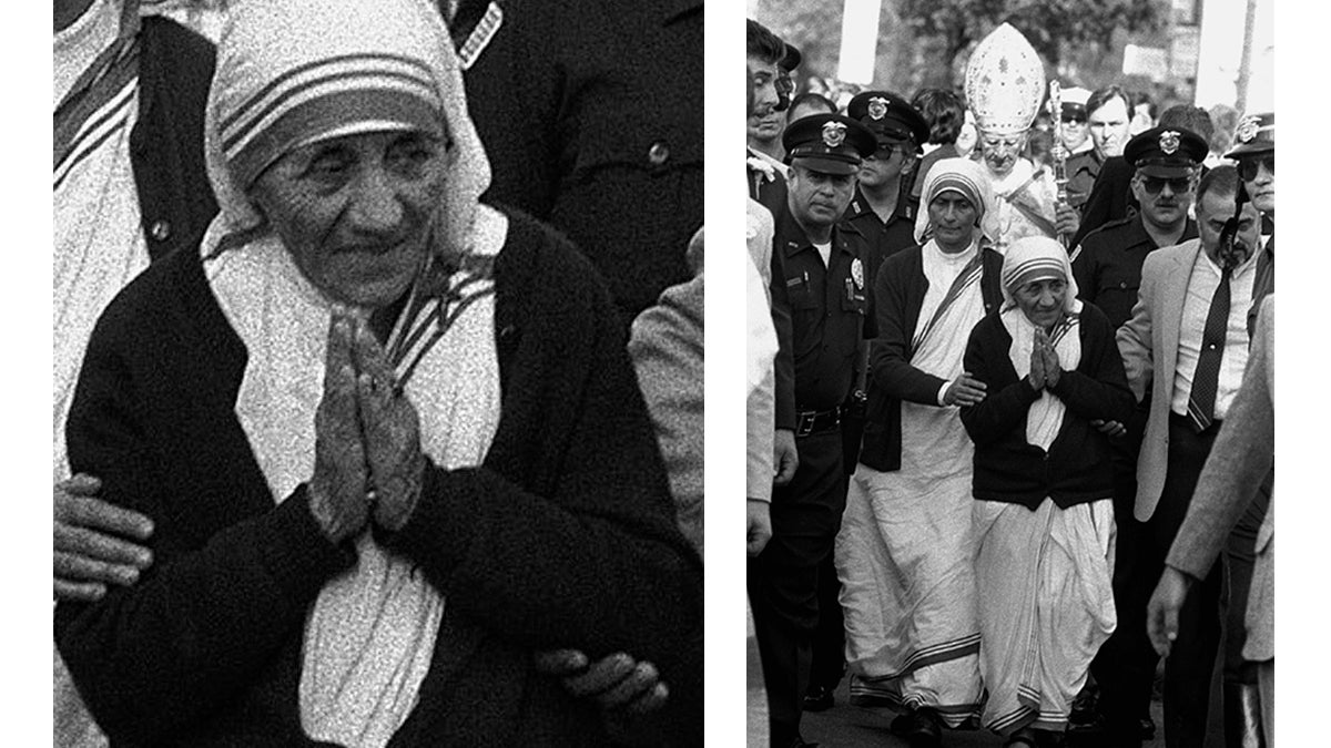 Mother Teresa of Calcutta is led from services at St. Patrick's Church in Norristown by Sister Priscilla of Mother Teresa's order in 1984.  Mother Teresa was in Norristown to dedicate a new convent for her Missionaries of Charity Order.  Also pictured behind Sister Priscilla is Cardinal John Krol of Philadelphia who participated in the dedication and the church service. (Amy Sancetta/AP photo)