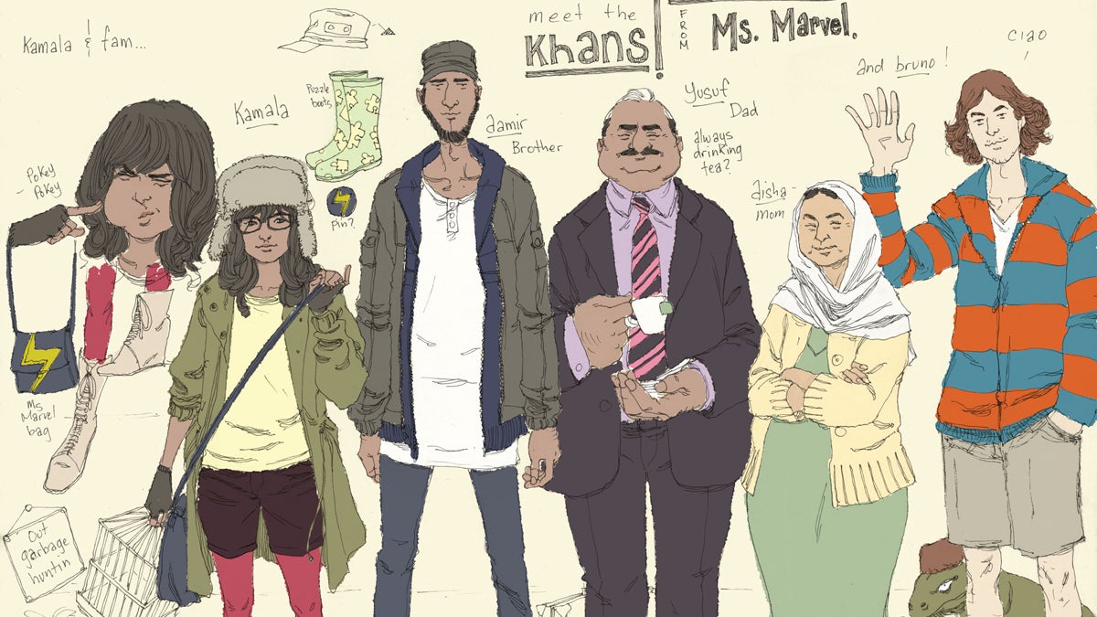  This comic book image released by Marvel Comics shows character Kamala Khan , second left, with her family Aamir, father Yusuf, mother Disha and friend Bruno, from the 