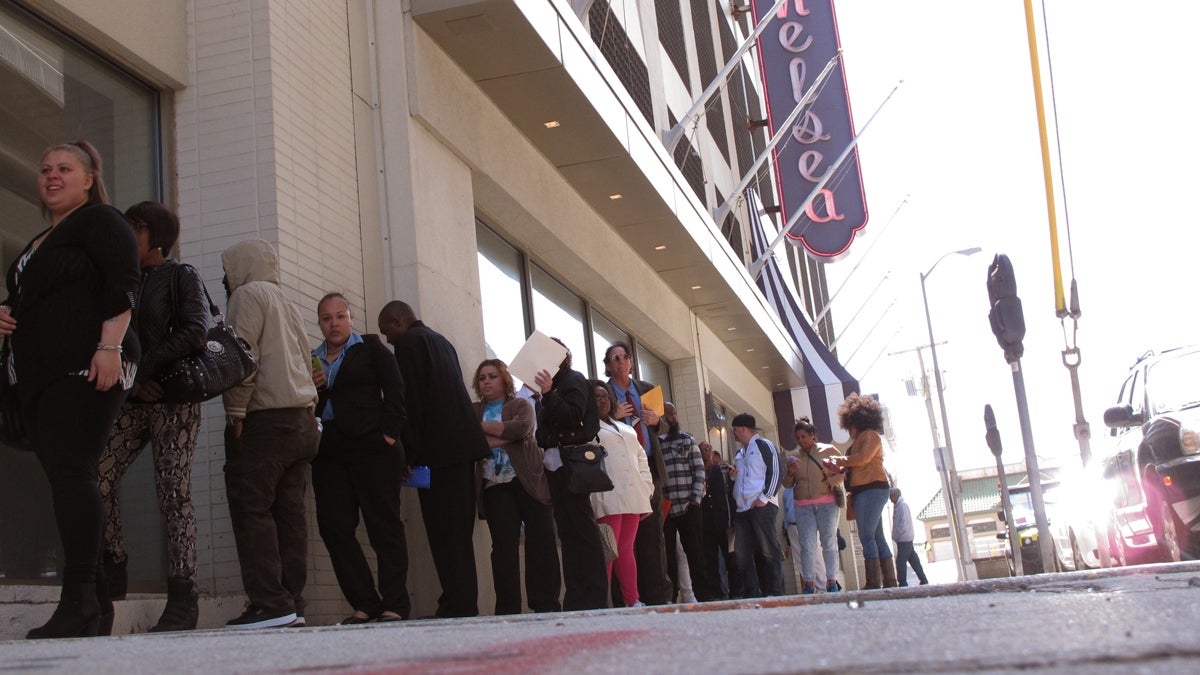 Applicants for jobs at the Chelsea hotel in Atlantic City N.J. line up outside it on Wednesday April 22