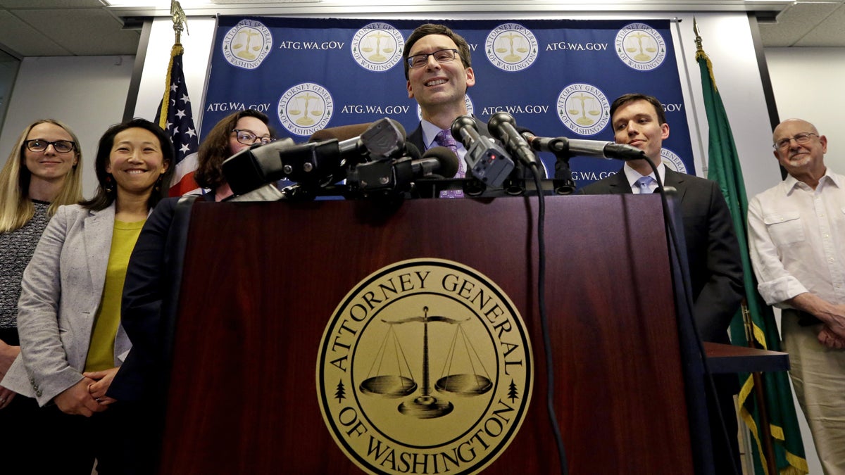 Washington Attorney General Bob Ferguson speaks at a news conference about a federal appeals court's refusal to reinstate President Donald Trump's ban on travelers from seven predominantly Muslim nations
