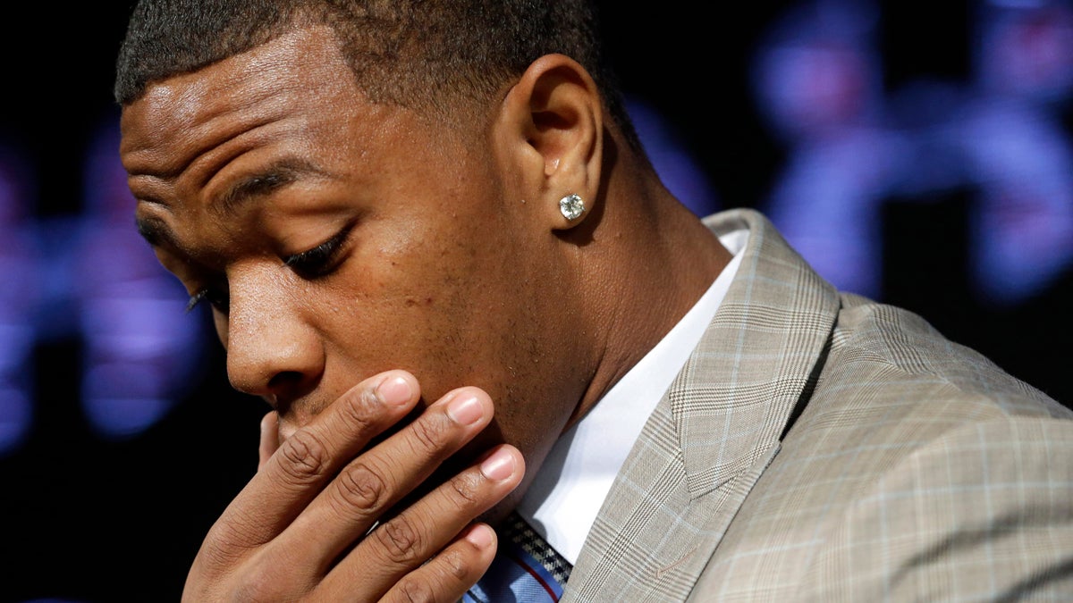  In this May 23, 2014, file photo, Baltimore Ravens running back Ray Rice pauses as he speaks during a news conference (Patrick Semansky/AP Photo, File) 