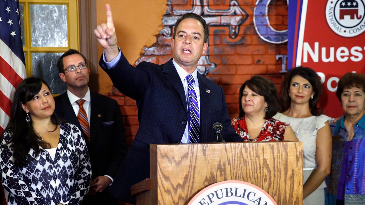 Republican National Committee Chairman Reince Priebus gestures as he speaks during a news conference and meeting with state Republican Hispanics