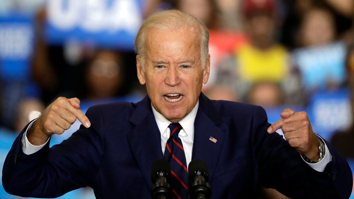 Vice President Joe Biden speaks as he campaigns for Democratic presidential candidate Hillary Clinton at Bucks County Community College in Bristol