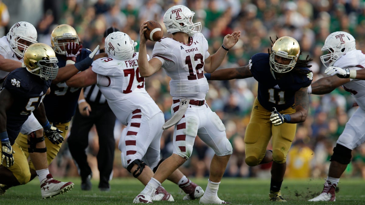  In this Aug. 31, 2013 photo, Temple quarterback Connor Reilly (12) throws against Notre Dame during the second half of an NCAA college football game in South Bend, Indiana. (Michael Conroy/AP Photo) 