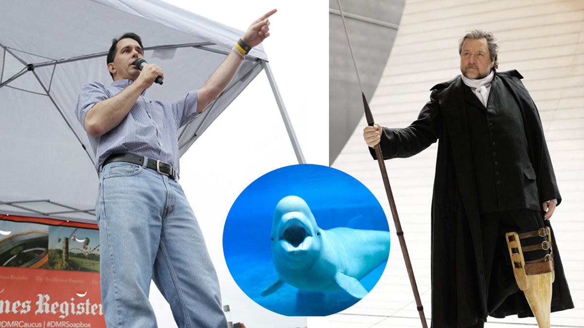  Republican presidential candidate Wisconsin Gov. Scott Walker (left), and Tenor Ben Heppner dressed as Captain Ahab (Charlie Neibergall and LM Otero/AP Photo; (<a href=“http://www.shutterstock.com/pic-132899105/stock-photo-white-beluga-whale-in-aquarium-with-wide-open-mouth.html?src=OuHee6GU-Ujef_BTdSHvOg-1-4”>; Insert of white whale </a> via ShutterStock) 