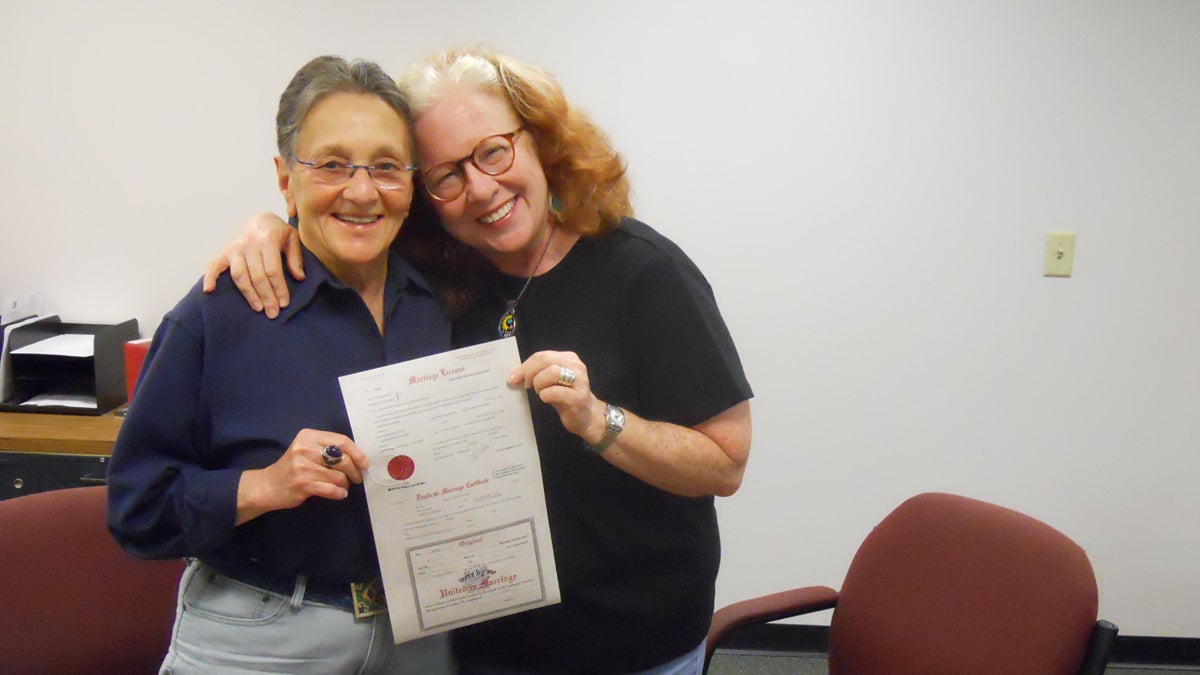  From left: Arleen Olshan and Linda Slodki took advantage of a brief time last summer when the Montgomery County register of wills was issuing marriage licenses to same-sex couples. (Image courtesy of Olshan and Slodki) 