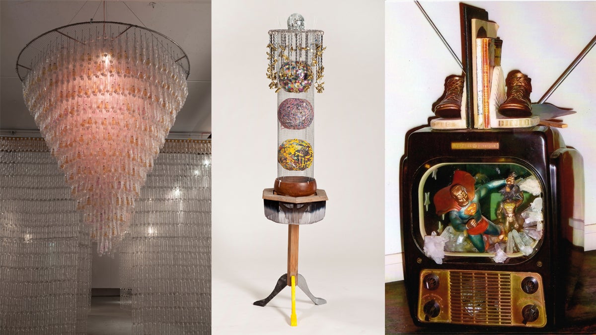  From left to right, Buddha Chandelier by Willie Cole, Dancing Shoes by Donna Payton, and Superman Leaving Home by Valerie Young. (Photos courtesy of Arts Council of Princeton) 