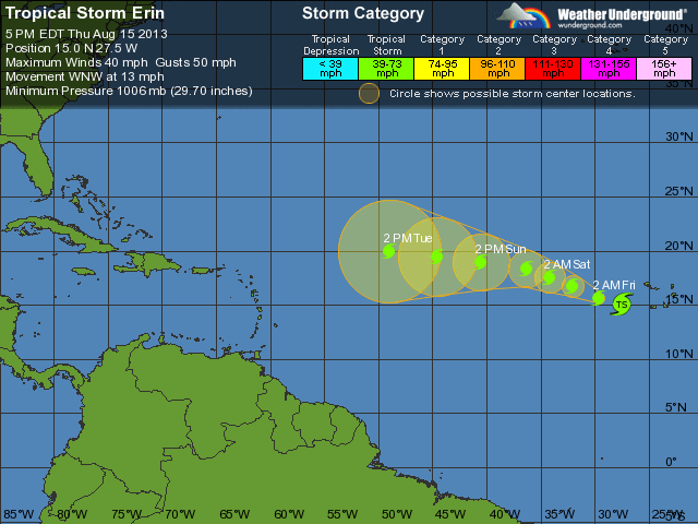  The National Hurricane Center's five day forecast for Tropical Storm Erin. (Image: Weather Underground)  