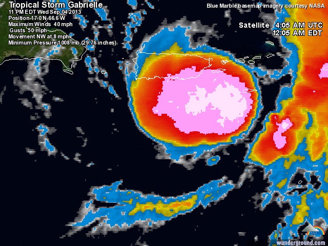 at201307_sat_1 The 12:05 a.m. EDT infrared satellite image of Tropical Storm Gabrielle. (Image: Weather Underground)
