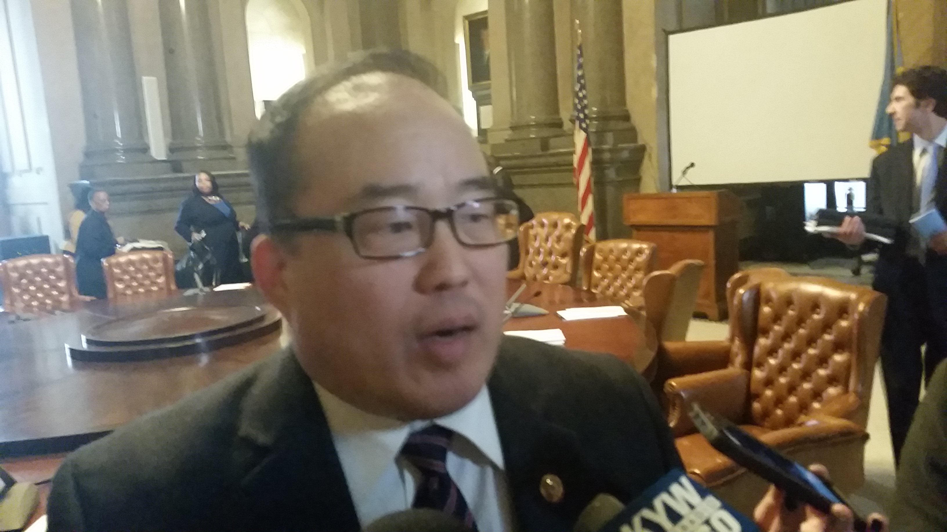  Philadelphia Councilman David Oh discusses his  measure to move the deadline for nonprofits to prove their tax-exempt status to June. (Tom MacDonald/WHYY) 