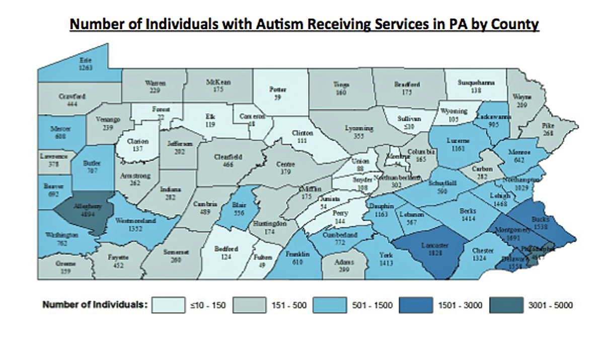  This map shows the number of individuals with autism receiving services by county. It highlights where most individuals with autism receiving services are living. High population areas coincide with high areas of individuals with autism receiving services. (Image via 2014 Pennsylvania Autism Census Update Overview) 