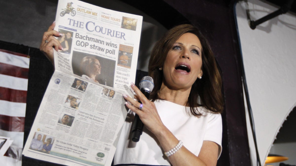  2012 Republican presidential candidate Rep. Michele Bachmann, R-Minn., celebrates a short-lived GOP Straw Poll victory in Iowa in 2011. Her campaign went nowhere fast immediately afterward. (AP Photo/Charles Dharapak) 