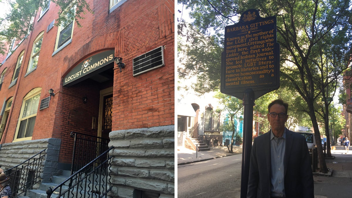 From left: The front entrance to the building where gay and lesbian rights activist Barbara Gittings lived; Equality Forum Executive Director Malcolm Lazin stands next to the marker commemorating Gittings. (Sara Jo Lee)
