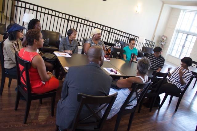 bassgroup2 Local residents gather at Presser Senior Apartments to talk with one another and meet Councilwoman Cindy Bass. (Michelle Zei/for NewsWorks)