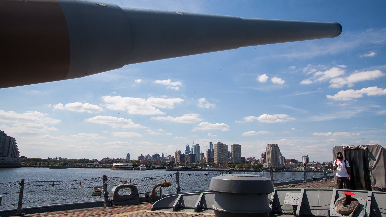 Looking toward Philadelphia  from the U.S.S New Jersey on the Camden Waterfront. Visitors who attend the World Meeting of Families have the option of staying on the ship for the weekend. (Brad Larrison/for NewsWorks_