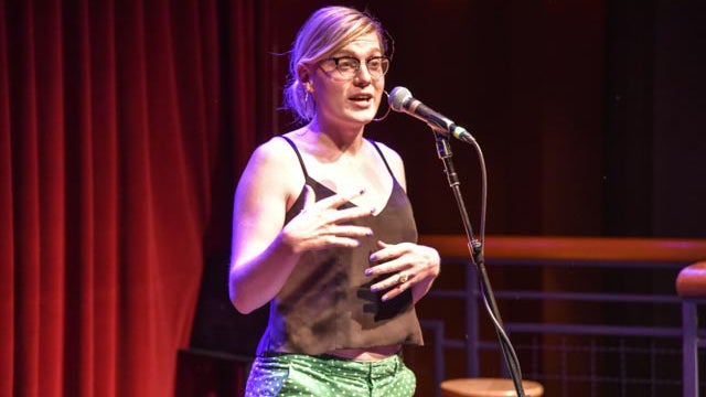 Bea Cordelia is shown at the pride-themed First Person Arts StorySlam on Monday evening at World Cafe Live in Philadelphia. (Michael Green