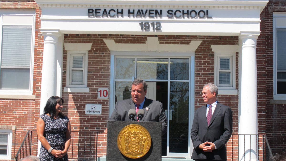  Superintendent Eva Marie Raleigh, Gov. Chris Christie, and Education Commissioner Chris Cerf speak at an event celebrating the reopening of the Beach Haven School. (Phil Gregory/for NewsWorks) 