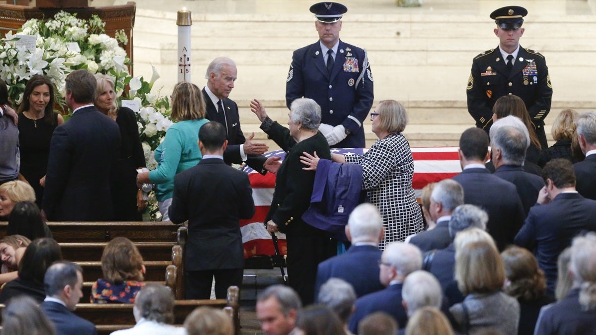  Vice President Joe Biden and his wife Jill greet mourners during the viewing for former Delaware Attorney General Beau Biden inside St. Anthony of Padua in Wilmington, Del., on Friday, June 5, 2015. Biden, the eldest son of Vice President Joe Biden, died of brain cancer Saturday at age 46. (William Bretzger/The Wilmington News-Journal via AP, Pool) 