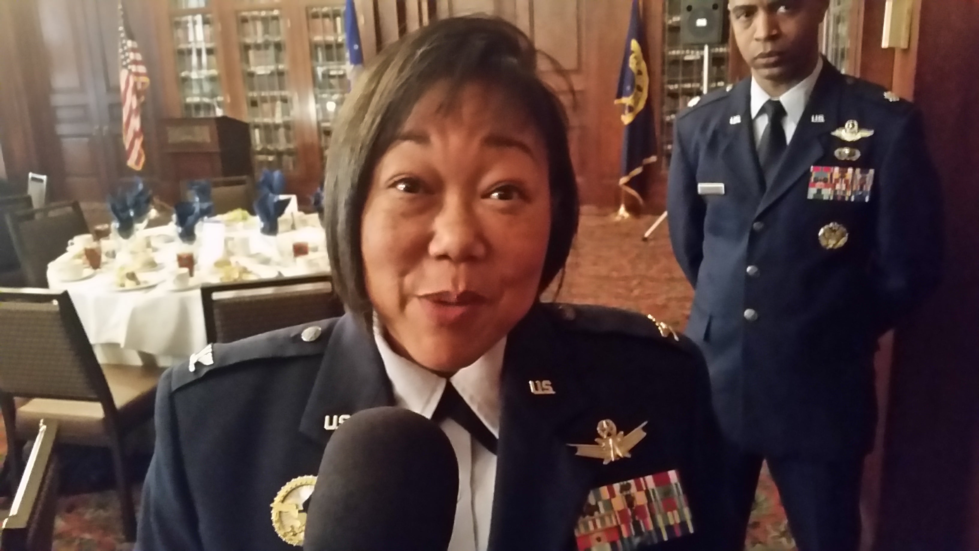  Col. Carolyn Benyshek discusses the opportunities the Air Force offers. (Tom MacDonald/WHYY) 