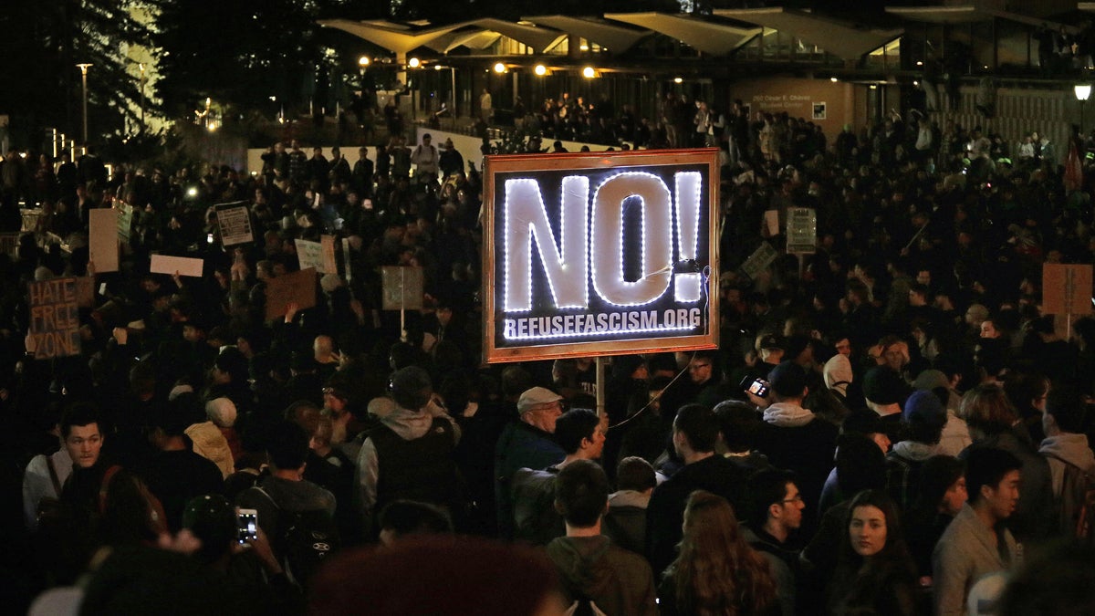 Protestors against a scheduled speaking appearance by polarizing Breitbart News editor Milo Yiannopoulos fill Sproul Plaza on the University of California at Berkeley campus on Wednesday