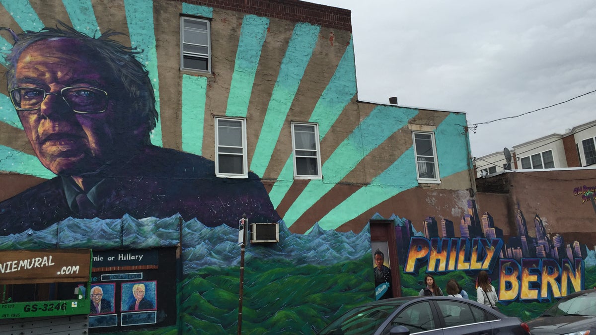 A mural dedicated to Democratic presidential candidate Bernie Sanders is shown at 22nd and Catherlne streets in Philadelphia. (Dick Polman for NewsWorks)