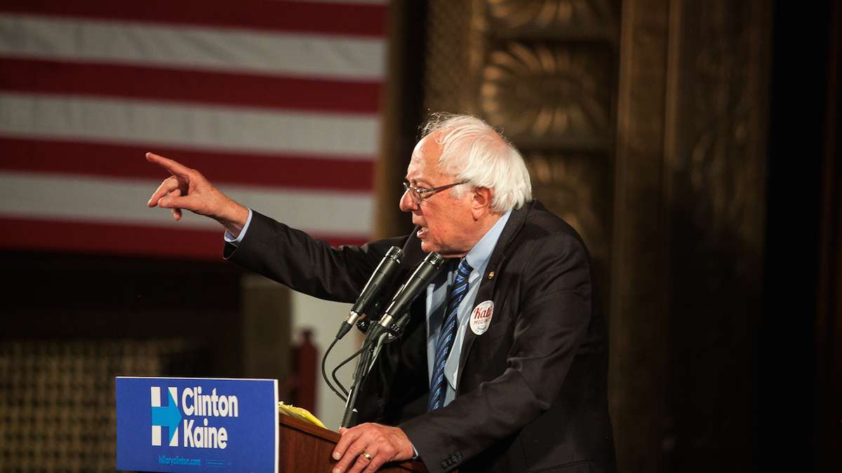 Sen. Bernie Sanders speaking at the Elaine C. Levitt Auditorium in Philadelphia (Brad Larrison for NewsWorks)