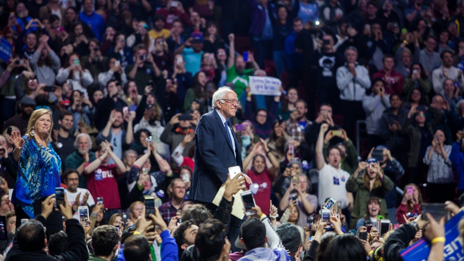 Bernie Sanders arrives at a rally inside Temple University's Liacouras Center. (Brad Larrison/for NewsWorks)