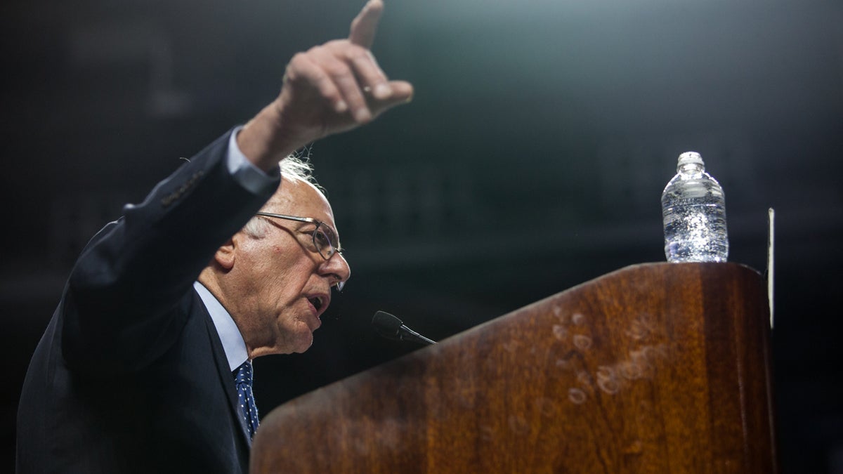 Democratic Candidate for President Bernie Sanders speaks to supporters inside Temple University's Liacouras Center Wednesday. (Brad Larrison/for NewsWorks)