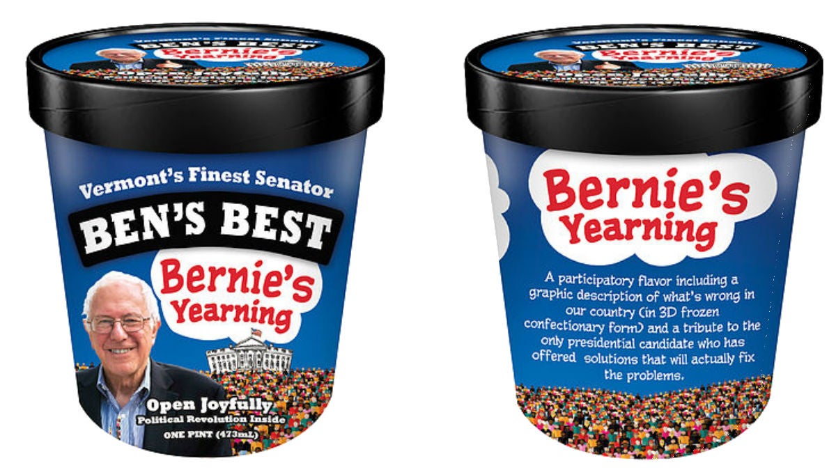 Ben and Jerry's founders will be handing out samples of Bernie's Yearning ice cream during a campaign event for Bernie Sanders in Wilmington. (photo via BerniesYearning.com)