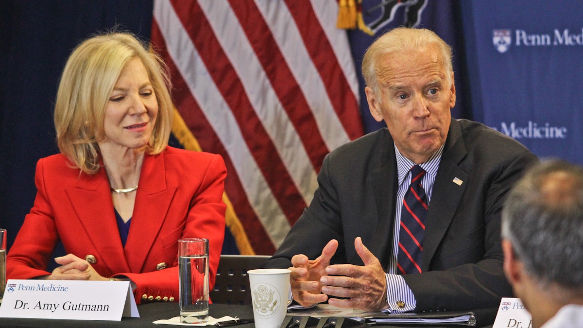  Vice President Joe Biden, seated next to University of Pennsylvania President Amy Gutmann, talks about the 