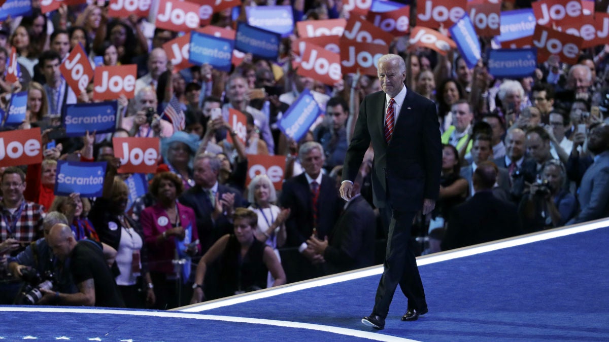 Vice President Joe Biden takes the stage during the third day of the Democratic National Convention