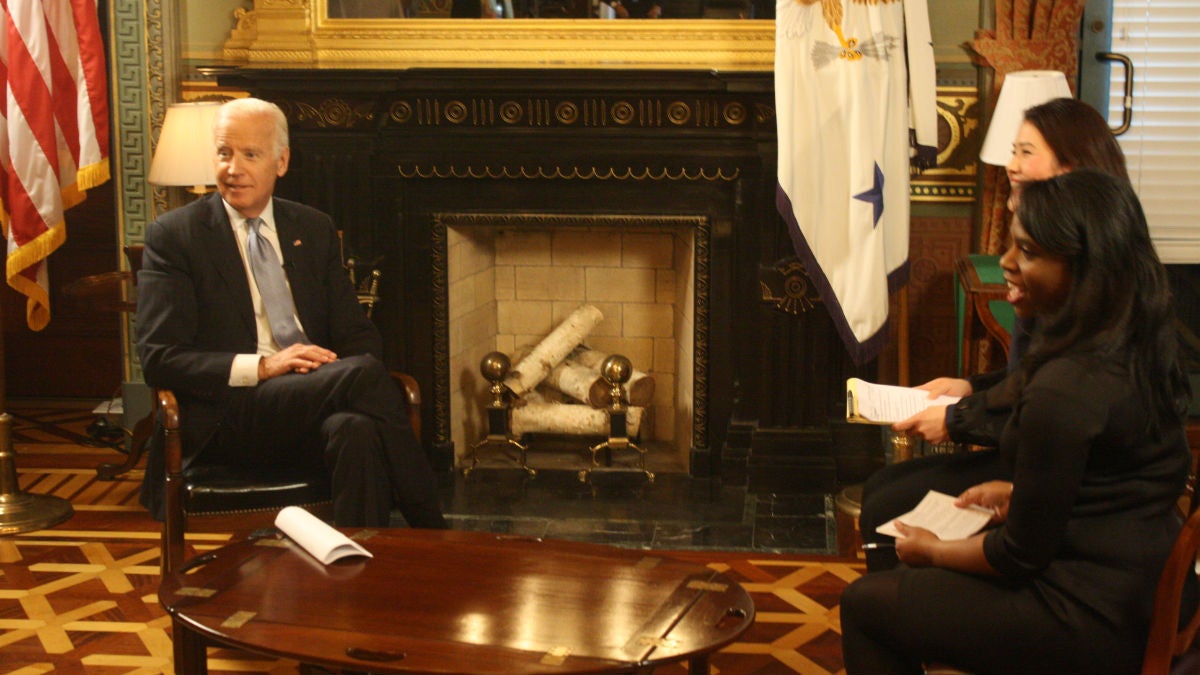 Vice President Joe Biden talks with WHYY's Shirley Min and Nichelle Polston inside his White House office. (Mark Eichmann/WHYY)