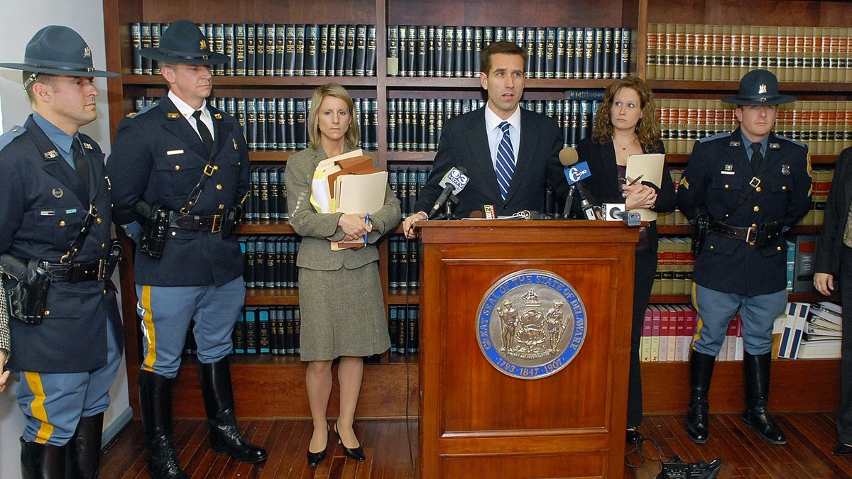  In this 2009 photo, then-Delaware Attorney General Beau Biden at the Department of Justice in Georgetown, Del. to update the charges against Dr. Earl B. Bradley on Dec. 23, 2009. (AP Photo/Chuck Snyder) 