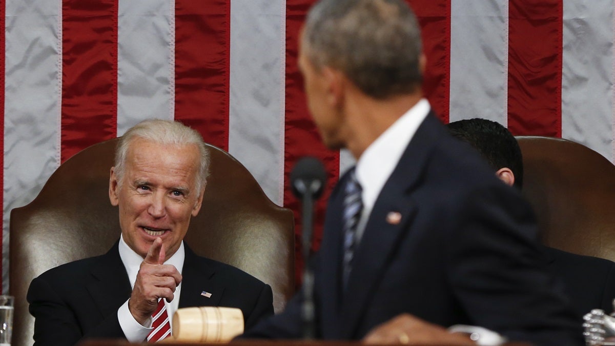  Vice President Joe Biden points at President Barack Obama during the State of the Union address to a joint session of Congress on Capitol Hill in Washington, Tuesday, Jan. 12, 2016. (AP Photo/Evan Vucci, Pool) 