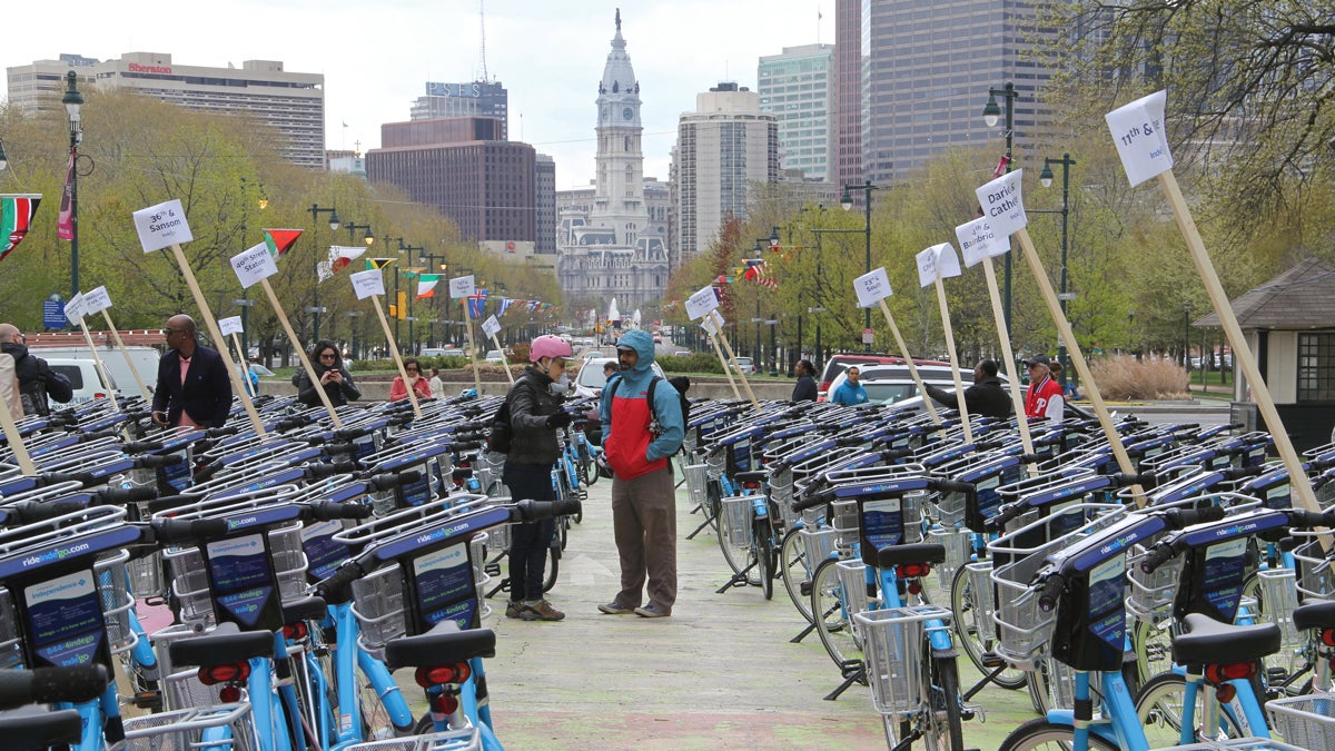  Philadelphia launched its bike share program, Indego, with 300 bicycles at 60 stations around the city. Mayor Nutter said the city plans to increase to 2,000 bikes at 180 docking stations. (Emma Lee/WHYY) 