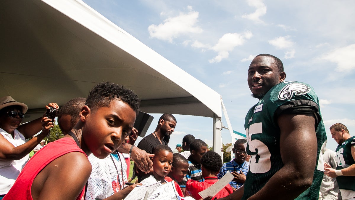 Eagles Running Back LeSean McCoy quizzed the Bantams on some of his background including where he went to college. (Brad Larrison/for NewsWorks)