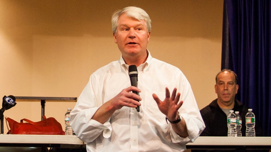  Labor leader John Dougherty speaks at a community meeting in South Philadelphia in Novembber. (Brad Larrison/for NewsWorks) 