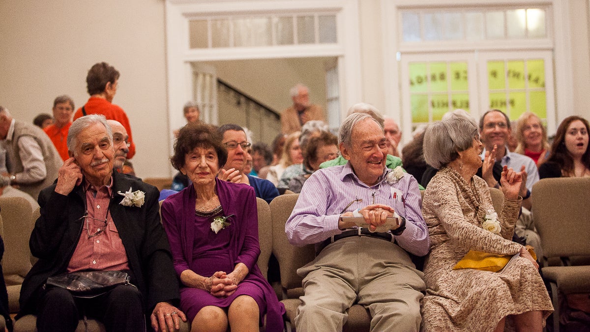  Sherman and Pauline Labovitz, Jerome and Ruth Balters and fellow honorees are applauded after videos chronicling their lives and activism was shown at Sunday's celebration. (Brad Larrison/for NewsWorks) 