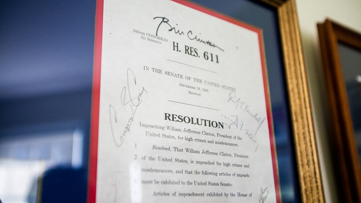  Among the memorabilia inside Philadelphia University's Arlen Specter Center for Public Service is a copy of the William Jefferson Clinton impeachment resolution signed by, among others, the former President himself. (Brad Larrison/for NewsWorks) 