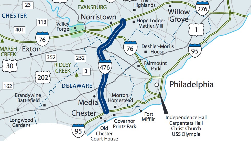PennDOT has applied for a federal grant to open the shoulders of Interstate 476 — better known as the Blue Route — to traffic. (VisitPa.com)