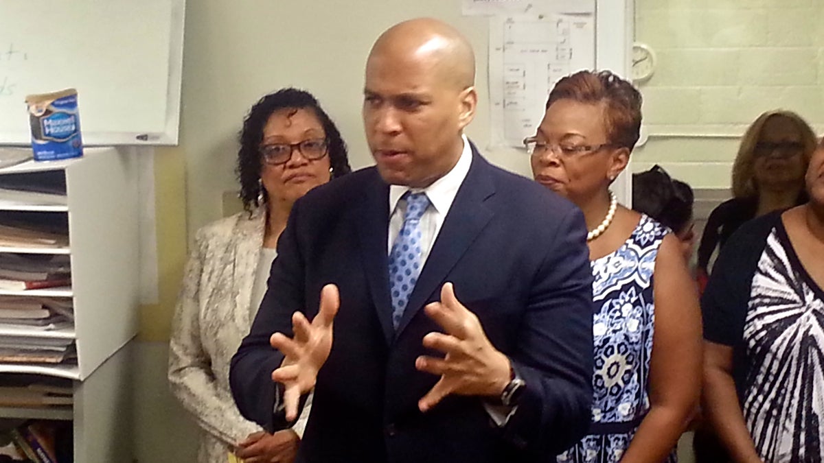  During a visit to Camden, U.S. Sen Cory Booker dismissed a poll that shows him a mere 10 percentage points ahead of his Republican challenger. (Tom MacDonald/WHYY) 