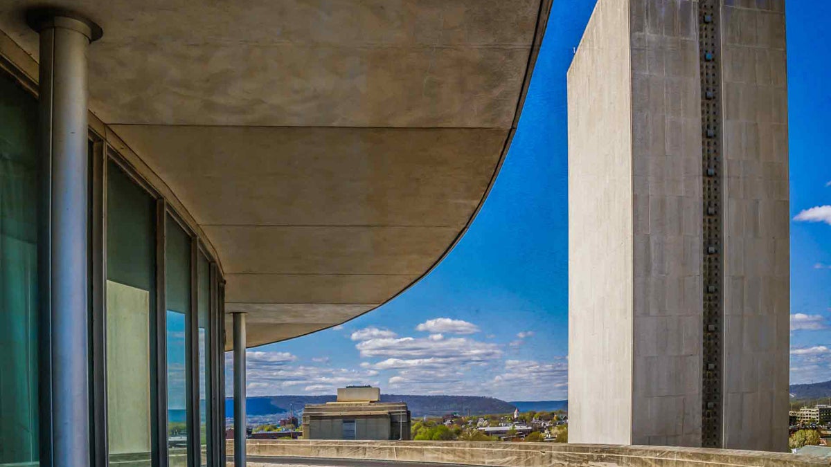  A view of the Pennsylvania State Museum and Archives Complex, built in 1964 by architects Ritchie Lawrie & M. Edwin Green, appears in the “PA Modern” exhibition. (Photo by Steve Bootay) 