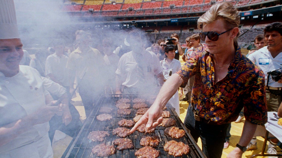 David Bowie  attends a barbecue for his crew July 27