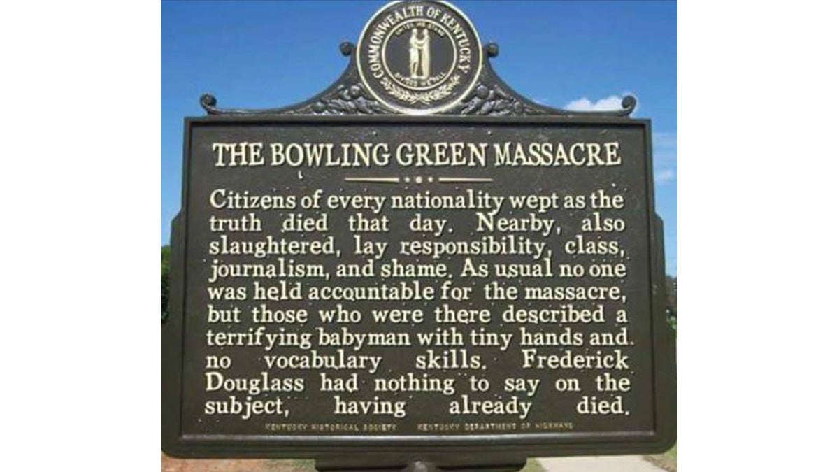 A social media meme imagines a fictional memorial marker for the 'Bowling Green Massacre
