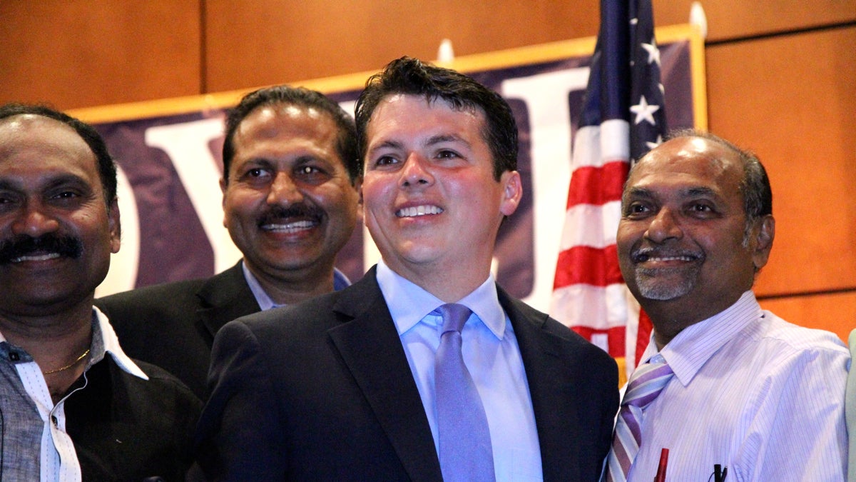  State Rep. Brendan Boyle thanks supporters winning the Democratic nomination to Pennsylvania's 13th Congressional District. (Kimberly Paynter/WHYY) 