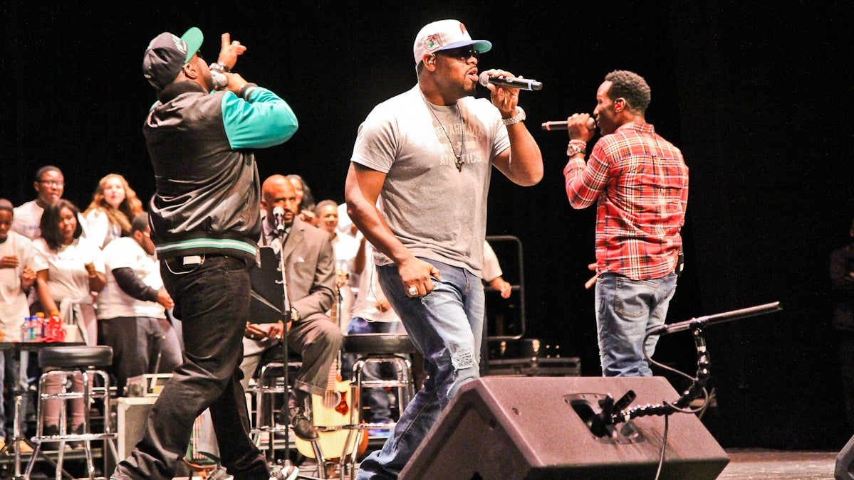 Boyz II Men perform a private concert at the High School for the Creative and Performing Arts in Philadelphia. (Kimberly Paynter/WHYY)