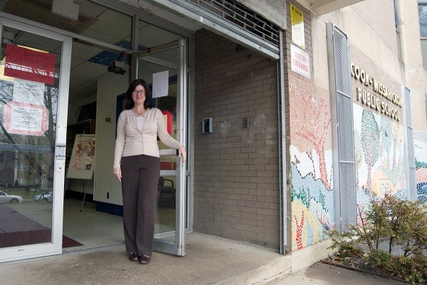  Principal of Cook-Wissahickon, Karen Thomas, stands at the doors of the school. (Bas Slabbers/for NewsWorks, file) 