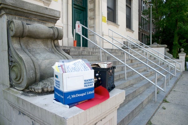  A stack of boxes outside Germantown High on the last day of school. (Bas Slabbers/for NewsWorks, file) 