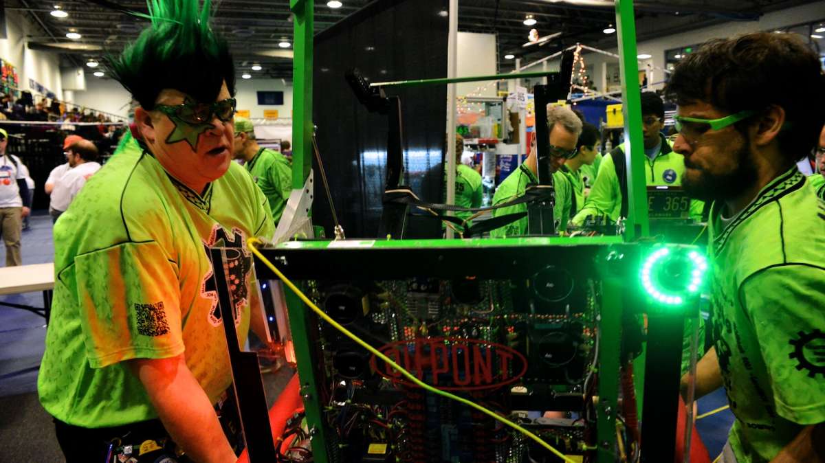  The Miracle Workerz from Delaware are seen here preparing their robot 'EliMOEnator'. (Bas Slabbers/for NewsWorks) 